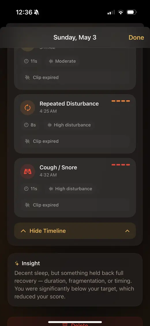 BedHalo sleep insights screen showing multi-night recovery trends
