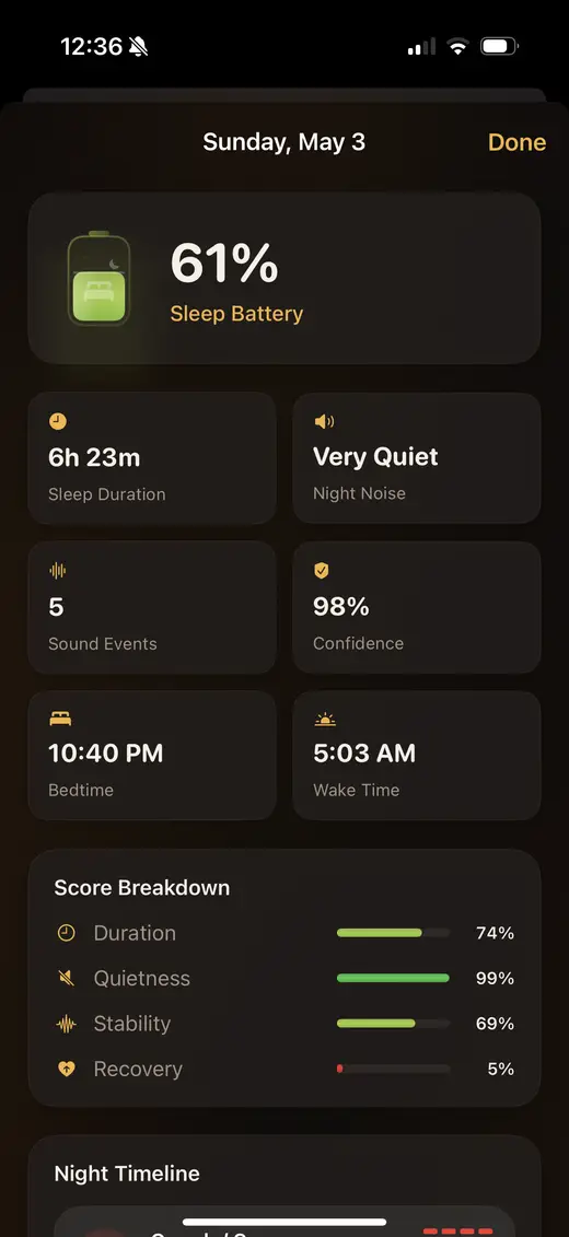 BedHalo overnight sleep tracking screen with the sleep disturbance timeline